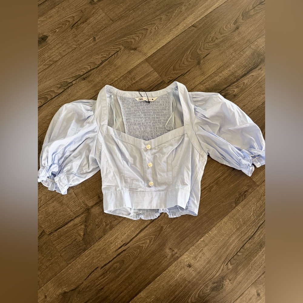 Zara S Milkmaid Coquette Peasant Crop Top Puff Sleeve Smocked Blue Balletcore